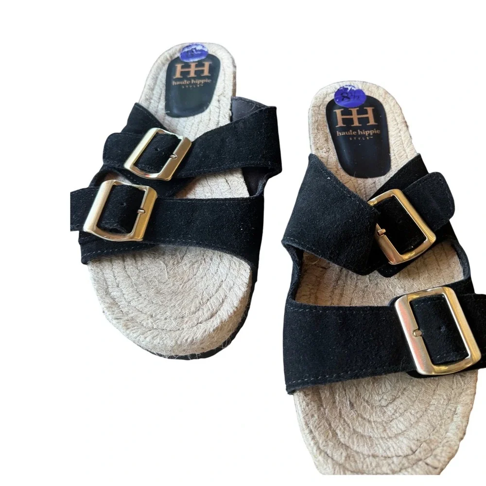 Haute‎ Hippie Womens Black Suede Espadrille Slide Sandals Gold Buckle 8.5